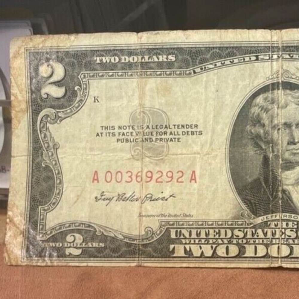 1953A Red Seal 2 Dollar Note Circulated Very Low Serial Number A00369292A